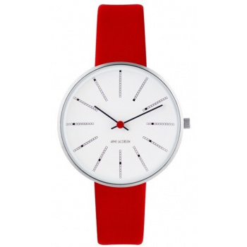 ARNE JACOBSEN BANKERS WHITE DIAL, RED STRAP, SILVER